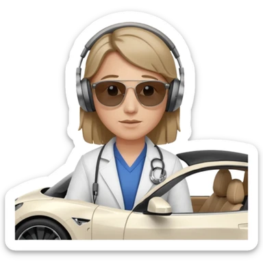 White tesla model 3 with a cool physician with dark blond hair, beats and sunglasses next to it sticker