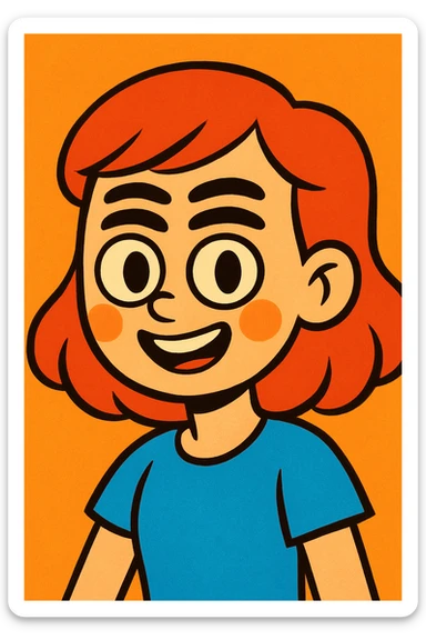 girl with red hair and four eyebrows, vibrant cartoon style sticker
