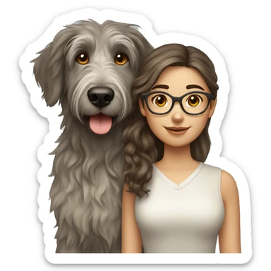 Brown wavy hair girl with glasses and an Irish wolfhound dog sticker