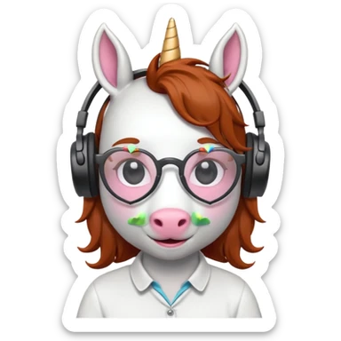 headphone wearing white unicorn with dark ginger hair and heart shaped spectacles very unicorn looking sticker