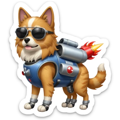 A big dog mixed with a cat that has a jet pack and has rocket boots and has 8 legs and wearing sunglasses  sticker