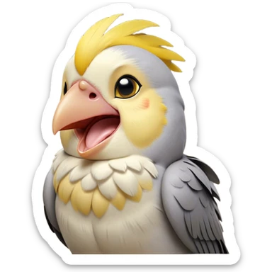 Cinematic Cute Yawning Cockatiel Portrait Emoji, Head tilted slightly with a dramatic, wide-open yawn, showcasing a soft grey fur with subtle yellow accents and gently drooping crest feathers, round dark eyes barely open in drowsy contentment, Simplified yet irresistibly adorable features, highly detailed, glowing with a soft, cozy glow, high shine, relaxed yet expressive, stylized with a touch of whimsy, bright and endearing, soft glowing outline, capturing the essence of a sleepy yet affectionate cockatiel, so drowsy it feels like it could stretch out of the screen and curl up for a nap! sticker
