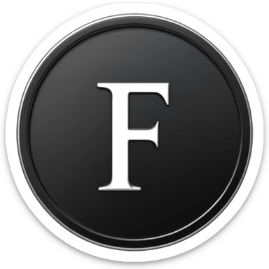Emoji icon of a black coin with engraved letter F, minimalist style, isolated, no color sticker