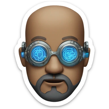 Bearded Fat bald cyborg head with brown skin, blue steampunk goggles and circuits sticker