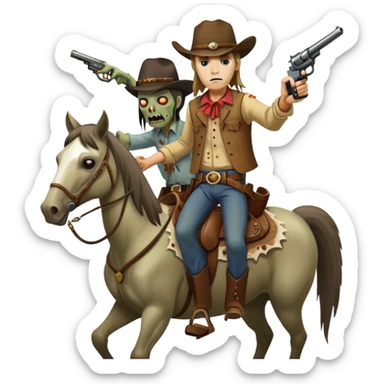 A cowboy on a horse with a pistol shoots a zombie man with long hair sticker