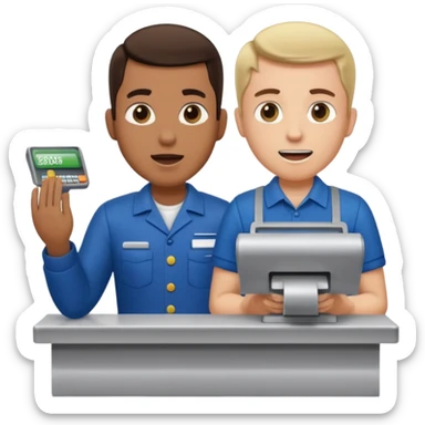 Supermarket employee at a cash register, full body, serving a man surprised sticker