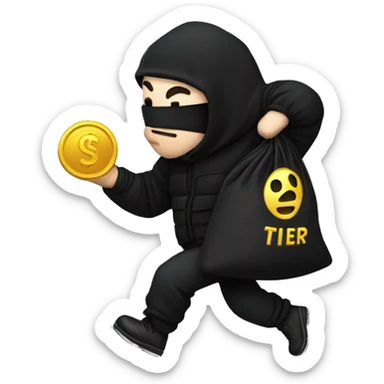 Thief wearing all black clothes actively stealing a money bag with the words Top Tier embroidered on it sticker