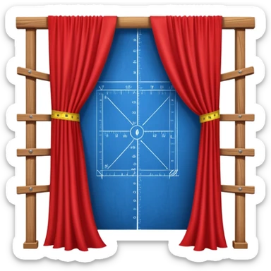 A blueprint unfolding beneath a red curtain, with a wooden beam and measuring tape crossing over it — a fusion of structure, story, and vision. sticker