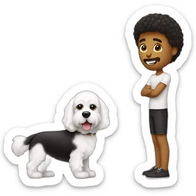 hombre blanco de pelo negro abrazando a una perrita color café raza grande sticker