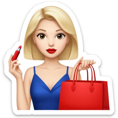 Glam girl calmly choosing one premium shopping bag, giving a small approving nod — quality over quantity sticker