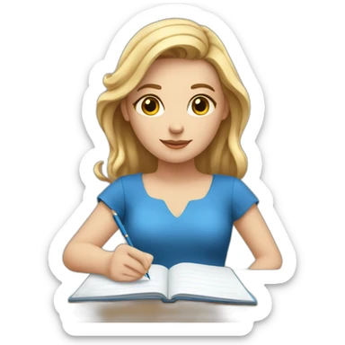 white girl in a blue dress writing in a notebook. sticker