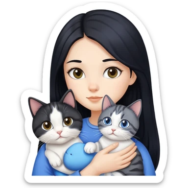 The girl with long black hair is holding a tabby cat and a blue and white cat. sticker