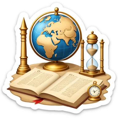 An icon featuring ancient scrolls, a quill pen, and large, old-fashioned sand clocks, symbolizing the study of history. The design includes a globe and a timeline with significant historical events, set against ruins to evoke past civilizations. Transparent background highlights the passage of time. sticker