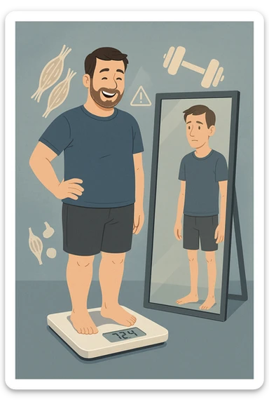 a man stands on a scale, smiling at the lower number, but his reflection in a nearby mirror shows a thinner, but also visibly weaker and less muscular body. Around him, floating icons or faded images of muscle fibers and dumbbells highlight the overlooked loss of muscle mass. The mood is cautionary and educational. in italiano sticker