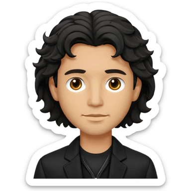 Um homem de cabelo preto e médio e ondulado com uma jaqueta preta sticker