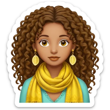brown-skinned girl, bohemian, long curly brown hair tied up, lemon yellow scarf, round earrings sticker
