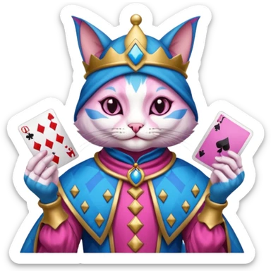 court jester cat medieval, poker cards, pink and blue sticker