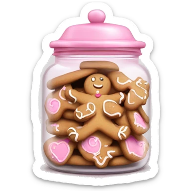 Realistic glass cookie jar with light pink lid full of gingerbread cookies isolated.  sticker