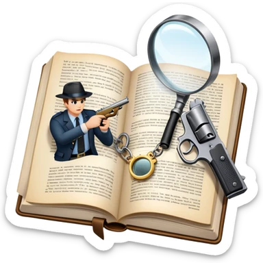 Icon for Action & Crime Reading: an open book with action-packed scenes on the pages, including detectives, chase scenes, and suspenseful moments. Add a gun, handcuffs, and a magnifying glass, while keeping the book as the main focus. Transparent background. sticker
