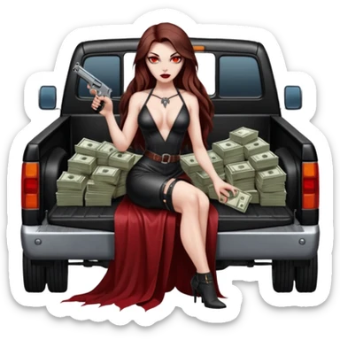 Lilith red eye seductress evil long brown haired sexy succubus woman with leather long dress with slit on, sitting in Big Large F350 pickup truck. Back seat full of stacks of cash, she is  Holding a human skull of her enemies and a gun in other hand sticker