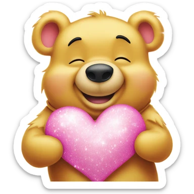 Winnie the Pooh with sparkles in a pink heart sticker