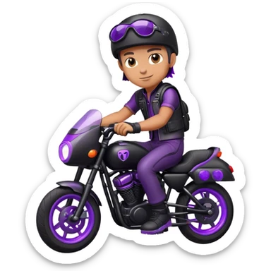 A biker boy wearing a gear sitting on his bike the bike has purple lights on and tge bike is black  sticker