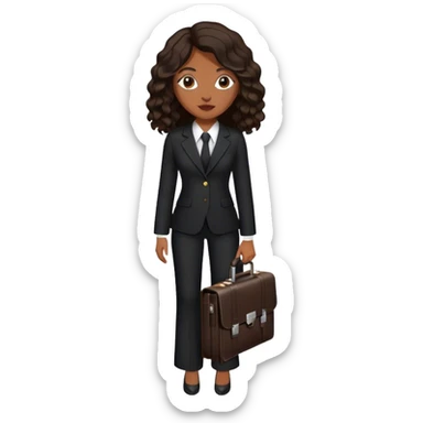 dark brown woman with dark brown mid-length wavy hair in a black pant suit executive with briefcase sticker