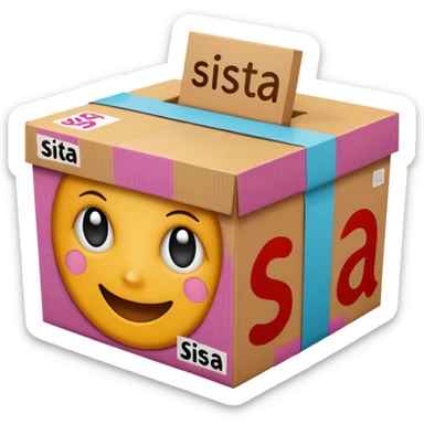 cardboard box with the word SISTA printed on it, clear and legible, simple emoji style sticker