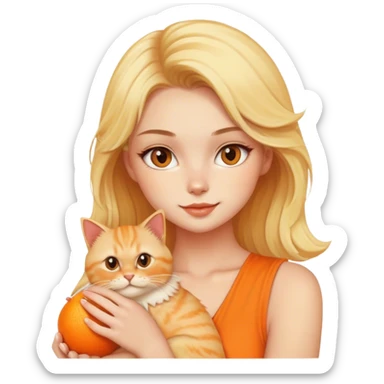 Blonde model holding an orange fluffy cat sticker