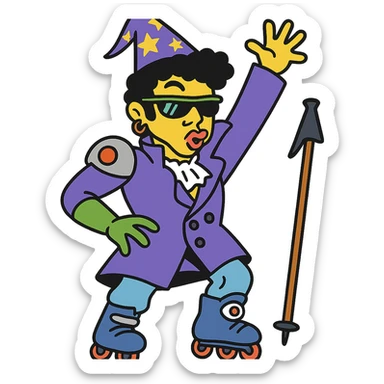 flat toon style yellow guy showing off his fabulous outfit combining prince, alien, terminator, skater, skiier, and wizard elements, making a weird face, stylish and fabulous sticker