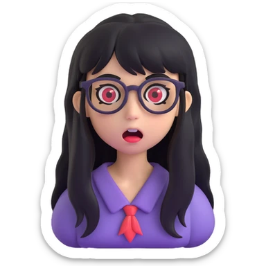 zombie girl with long black hair, bangs, and glasses, 3D emoji style sticker
