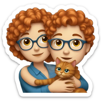 a pretty girl with curly copper hair and blue glasses hugging a cat sticker