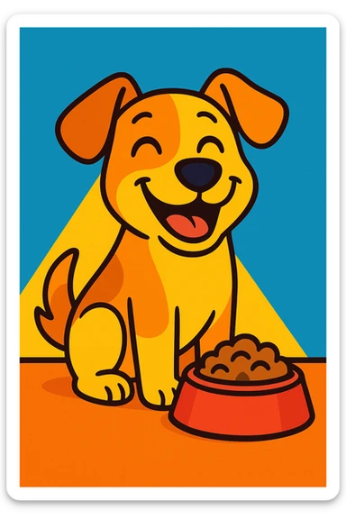 smiling dog with food bowl, vibrant toon style, charming and cute, friendly expression sticker