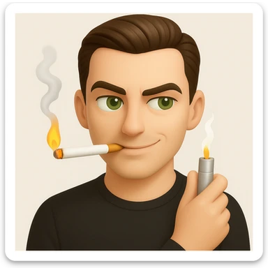 a guy with green eyes and slicked back brown hair stay with a lighter and a cigarette in his mouth with a sly expression on his face, emoji style, 3d emoji style sticker