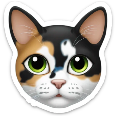 calico-cartoon-cat,-green-iris,-black-covering-right-side-forehead-and-left-eye-brow,-blue-right-ear sticker