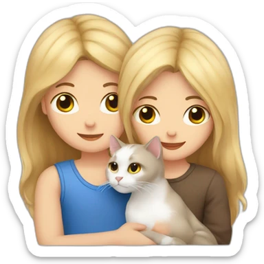 blonde-haired girl and brown-haired boy cuddling a cat sticker