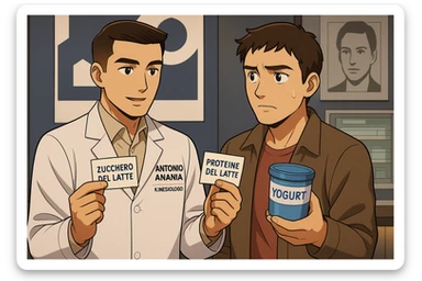 fai un webtoon manga a colori con questo stile, in cui un uomo ASCOLTA Il kinesiologo con il camice bianco (fagli anche la scritta "ANTONIO ANANIA" SUL CAMICE, IL KINESIOLOGO SPIEGA ALL'UOMO UNA COSA TENENDO DUE FOGLIETTINI IN MANO, UNO CON LA SCRITTA "ZUCCHERO DEL LATTE" E UNA CON LA SCRITTA "PROTEINE DEL LATTE". L'UOMO OSSERVA LO YOGURT CHE HA IN MANO CON ESPRESSIONE DUBBIOSA IN VOLTO. non fare i fumetti però, fai solo in modo che sembri stiano parlando sticker