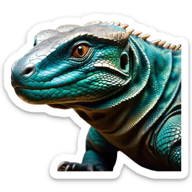 Cinematic Realistic Comical Komodo Dragon Portrait Emoji, Head tilted dramatically with an exaggeratedly amused expression, featuring a striking, glossy scaled hide with bold textures and wide, expressive eyes brimming with playful disbelief, rendered with lifelike detail and natural hues, high shine, dramatic yet playful, styled with an air of cheeky reptilian mischief, soft glowing outline, capturing the essence of a spirited and over‐the‐top Komodo dragon that looks ready to charge its way into viral fame! sticker