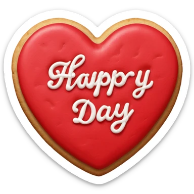 Heart-shaped cookie with red icing emoji, write 'happy valentine's day' on top of the red icing in white icing sticker