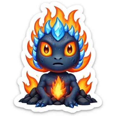 a mystical fast lava creature without arms with molten lava on its head and some rocky shoulders, fire crystals, blue flames, fire legs, no background sticker