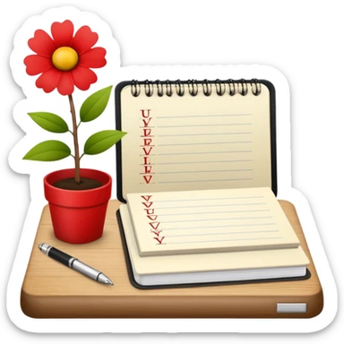 un letrero que diga VACACIONES y detrás un escritorio moderno, con una notebook, una agenda y una planta con una flor sticker