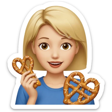 Short, Straight, Dirty blond hair, fair skin, woman winking holding pretzels sticker