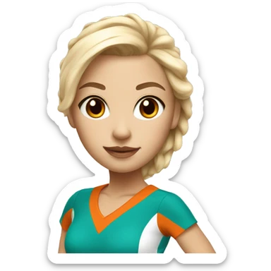 Blonde cheerleader with teal and orange uniform, brown eyes, white skin sticker