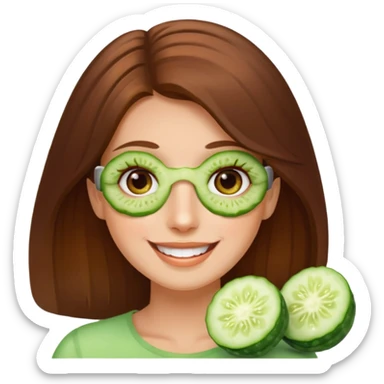 brownhaired smiling woman with cucumber on eyes sticker