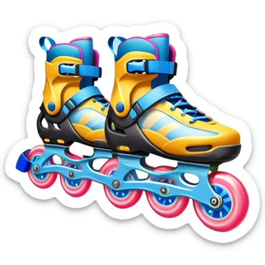 An icon featuring a pair of colorful rollerblades placed on a smooth path. The background showcases a picturesque park with lush greenery, blooming flowers, and a clear blue sky with soft clouds. The bright sunlight adds a cheerful touch to the scene. Transparent background sticker