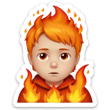 apple style emoji of a small child looking sad with fire in the background sticker