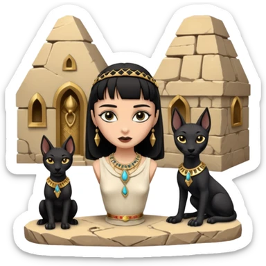 Witchy-mannered real Audrey Hepburn cleopatra Protecting silky black-haired tiny chained-slave-adorned statuette scale untamed evil-eyed Anubis dessert scenery stone-age cracked irregular dwelling  sticker