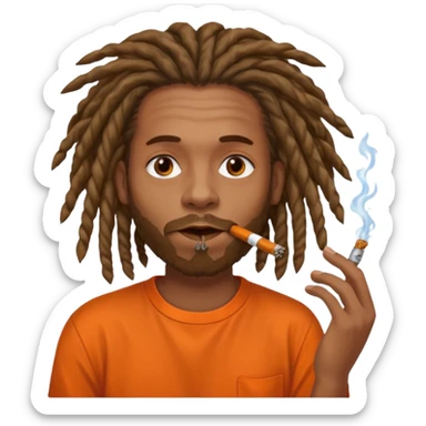 Brownskin man with very long dreadlocks orange shirt smoking weed blunt in mouth sticker