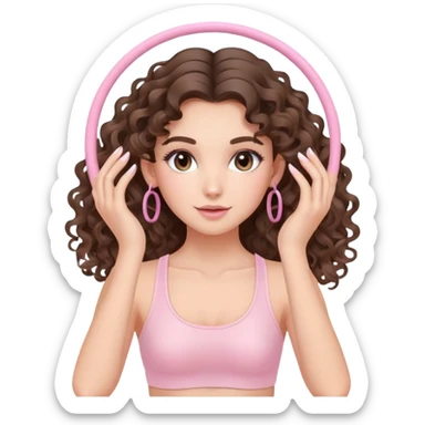 cute balayage brunette long hair curly/wavy haired girl, hoop earrings, clean girl makeup DOING pilates EXERCISE with a cute pastel pink set sticker