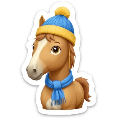 a fabulous funny winter horse in a yellow hat with a blue scarf sticker